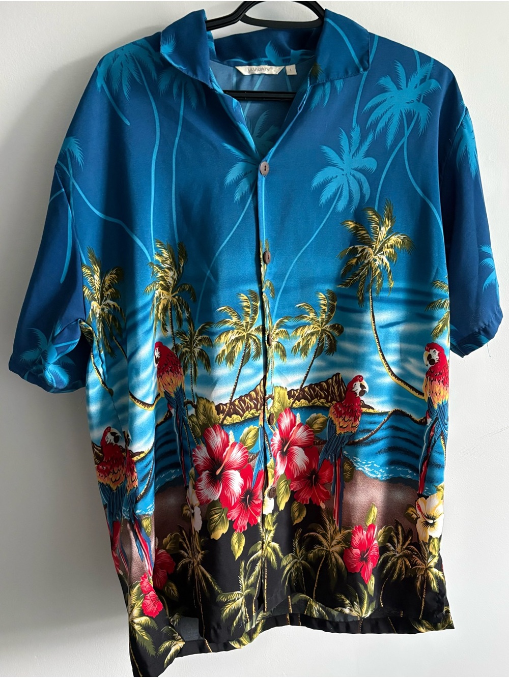 Vintage Hawaiian Camp Shirt Large Tropical Floral Macaw Blue